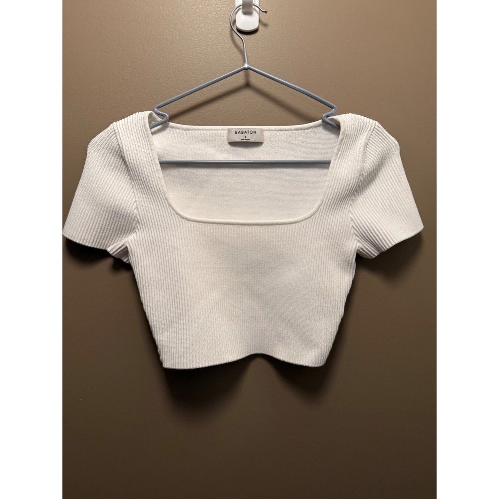 Babaton Sculpt Knit Square Neck Crop Top White Ribbed Short Sleeve Small